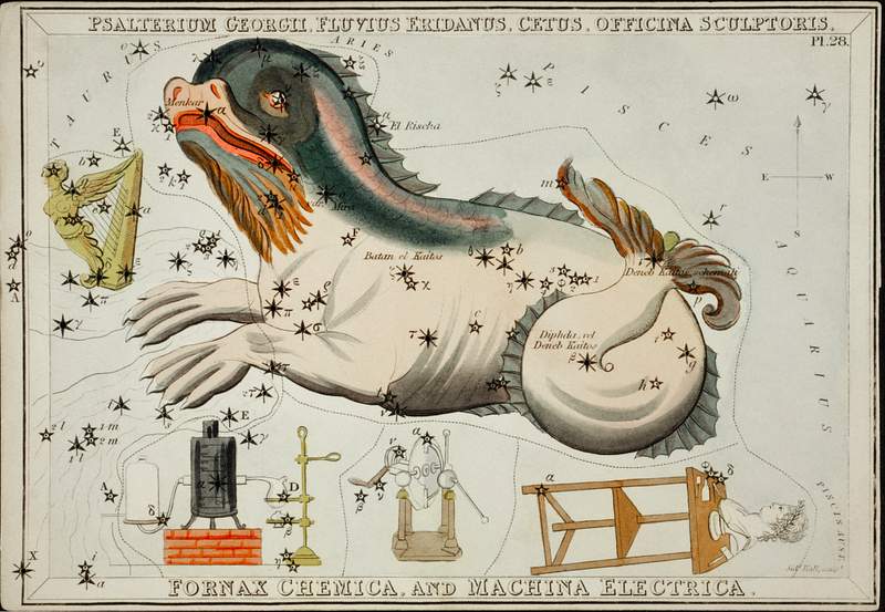 Sidney Hall’s (1831) astronomical chart… | Free public domain illustration Sidney Hall’s (1831) astronomical chart illustration of the Psalterium Georgii, Fluvius Eridanus, Cetus, Officinal…