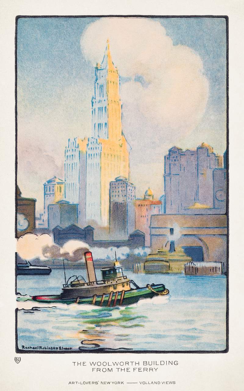 Free royalty image about The Woolworth Building from the Ferry (1914) from Art–Lovers New York postcard in high resolution by Rachael Robinson… The Woolworth Building from the Ferry (1914) from Art–Lovers New York postcard in high resolution by Rachael Robinson…