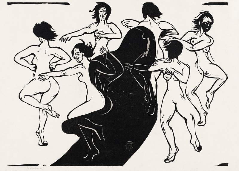 Nudes Dancing around a Shadow (1936) print in high resolution by Ernst Ludwig Kirchner. Original from The National Gallery of…