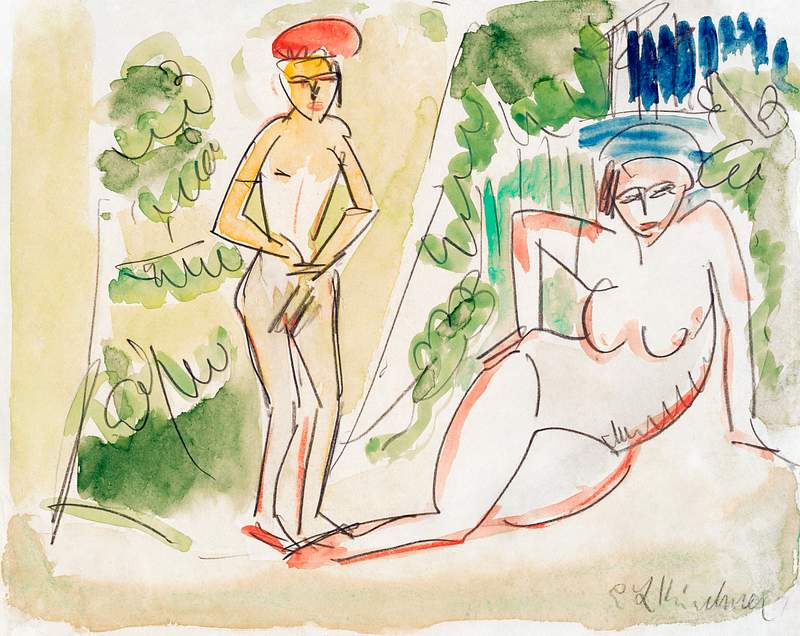 Two Bathers near the Woods (ca.1910–1911) painting in high resolution by Ernst Ludwig Kirchner. Original from The…