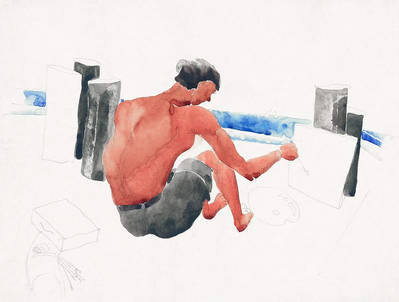 The Artist on the Beach Sketching (ca.1934) by Charles Demuth. Original from Yale University Art Gallery. Digitally enhanced…