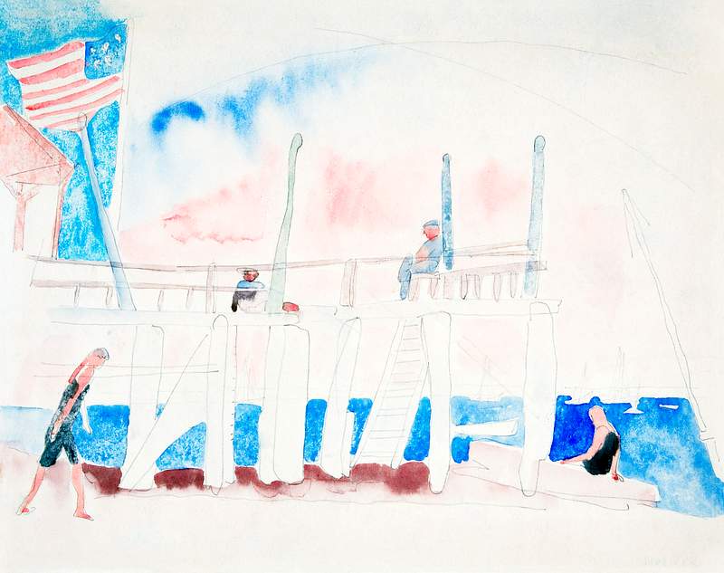 Pier With Four Figures (ca.1916–1917) by Charles Demuth. Original from Yale University Art Gallery. Digitally enhanced…
