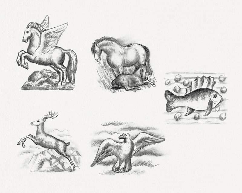 Pegasus, horse, fish, deer and gull (ca. 1891–1941) drawing in high resolution by Leo Gestel. Original from The…