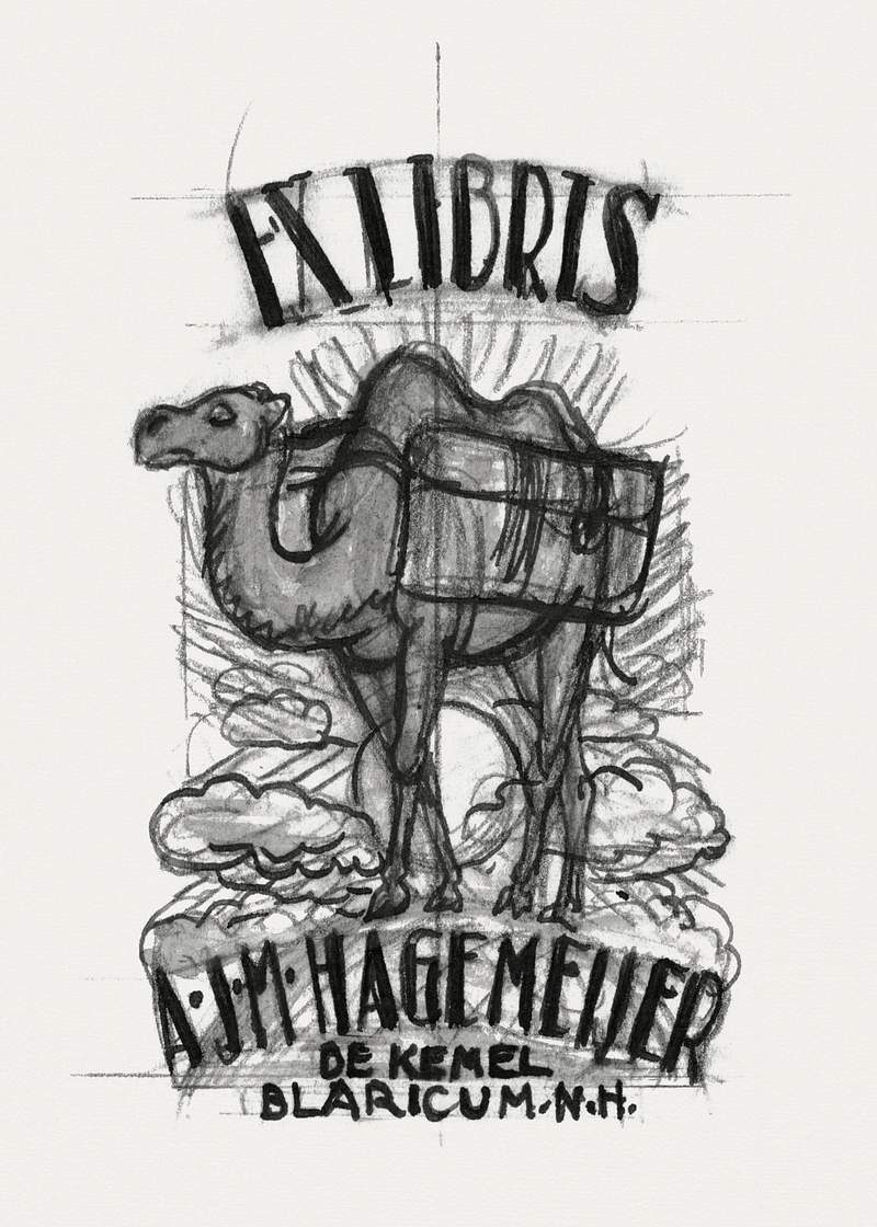 Design for an ex-libris by Antonius Johannes Maria Hagemeijer: camel (ca. 1891–1941) drawing in high resolution by Leo…