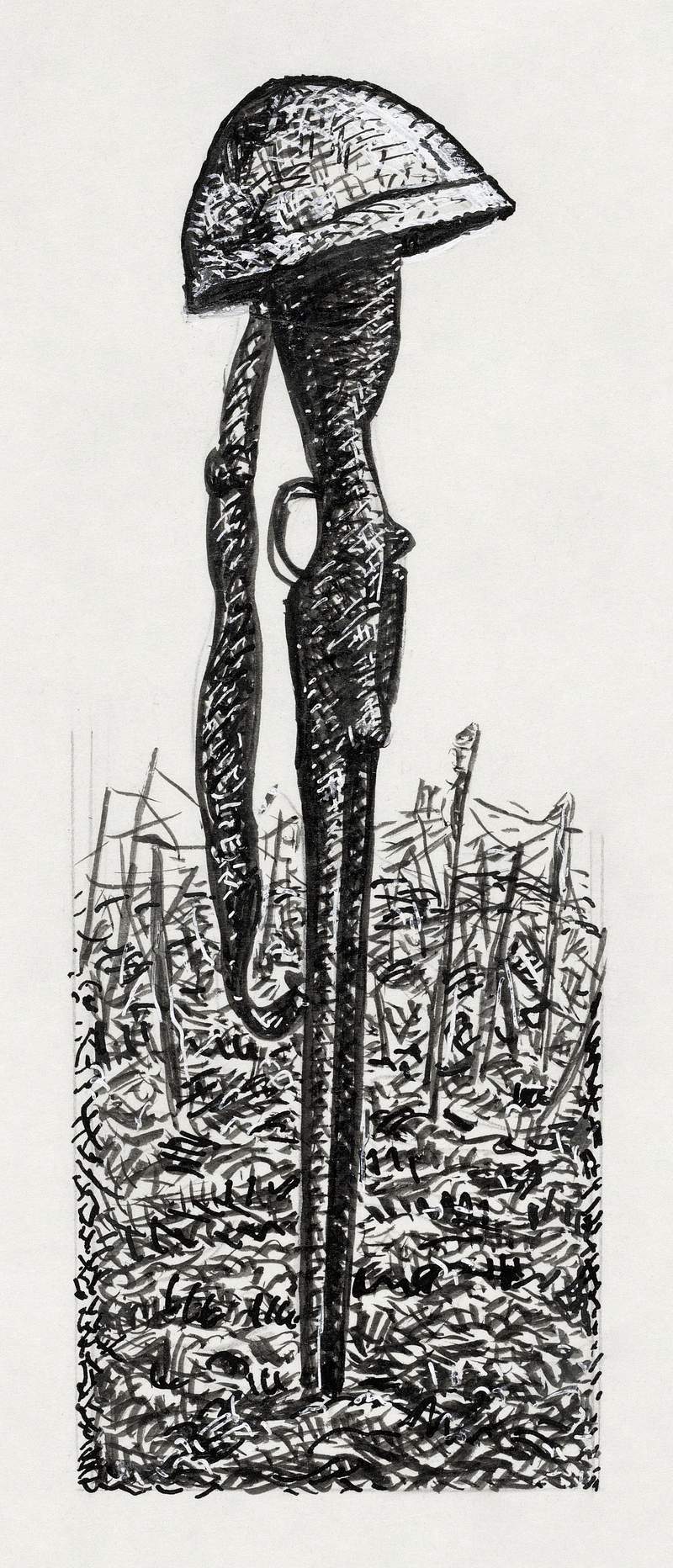 Rifle with a helmet on it in a field (ca. 1891–1941) drawing in high resolution by Leo Gestel. Original from The…