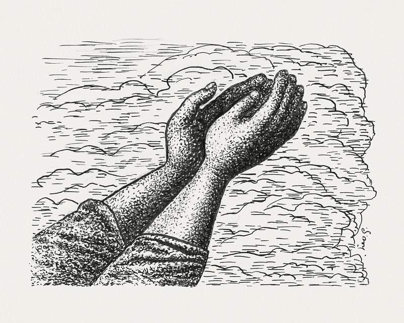 Two hands raised in front of clouds (ca. 1891–1941) drawing in high resolution by Leo Gestel. Original from The…