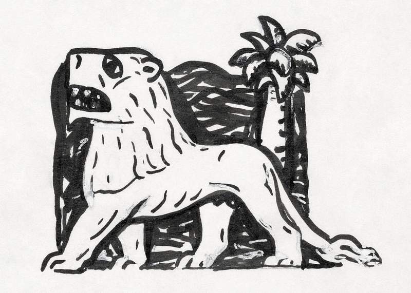 Lion stands in front of a palm tree (ca. 1891–1941) drawing in high resolution by Leo Gestel. Original from The…