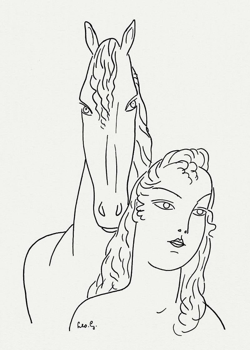 Woman with horse (ca. 1891–1941) drawing in high resolution by Leo Gestel. Original from The Rijksmuseum. Digitally…