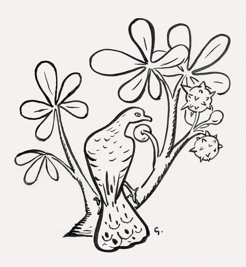 Pigeon on a branch of a chestnut tree (ca. 1891–1941) drawing in high resolution by Leo Gestel. Original from The…