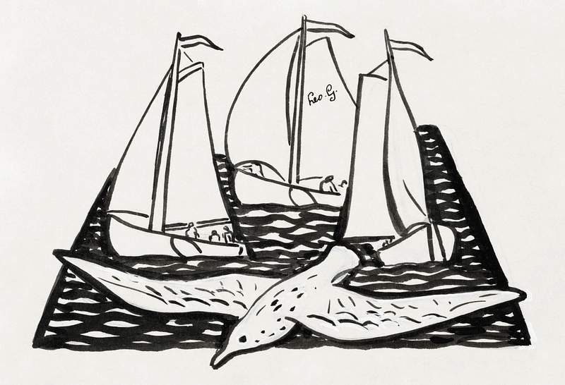 Three sailing ships and a seagull (ca. 1891–1941) drawing in high resolution by Leo Gestel. Original from The…