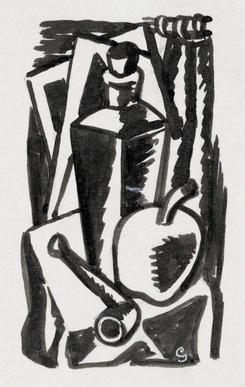 Still life with apple, pipe and bottle (ca. 1891–1941) drawing in high resolution by Leo Gestel. Original from The…