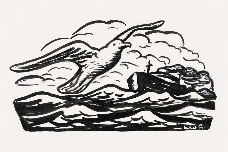 Seagull and steamship at sea (ca. 1891–1941) drawing in high resolution by Leo Gestel. Original from The Rijksmuseum.…