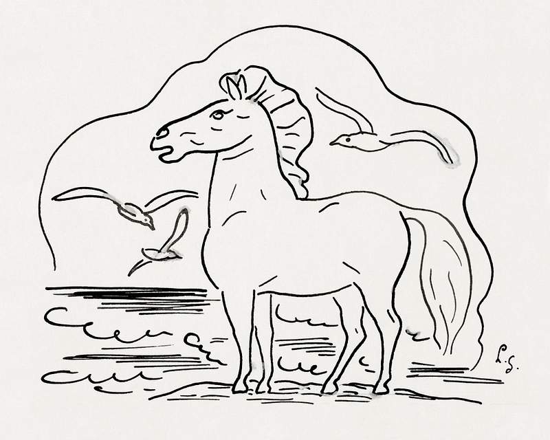 Horse in the surf with three seagulls (ca. 1891–1941) drawing in high resolution by Leo Gestel. Original from The…