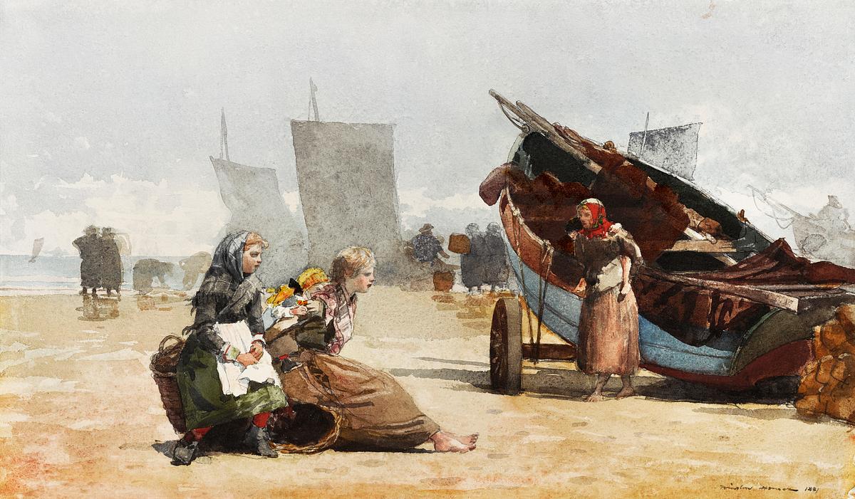 Beach Scene, Cullercoats (1881) by Winslow… | Free public domain illustration Beach Scene, Cullercoats (1881) by Winslow Homer. Original from The Clark Art Institute. Digitally enhanced by rawpixel.