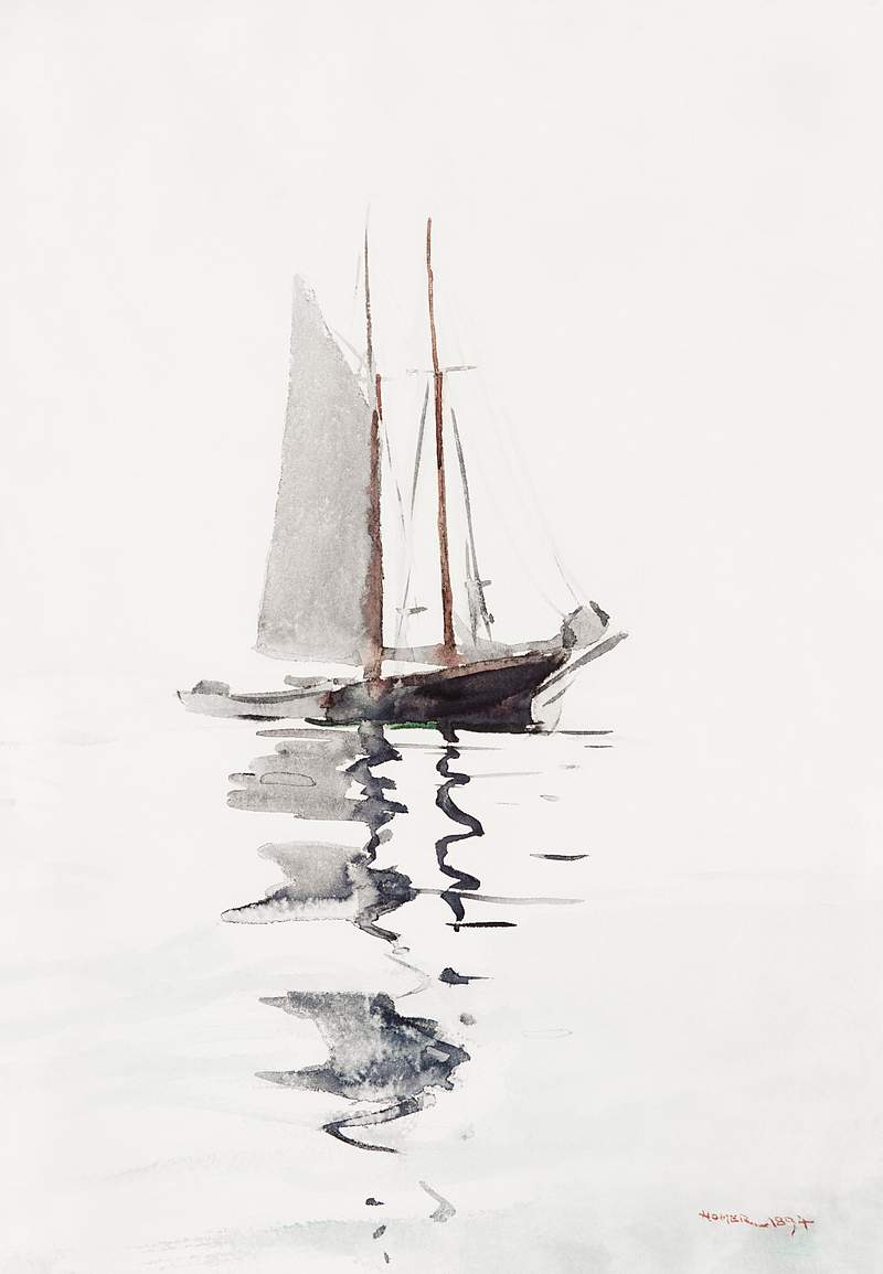 Two–masted Schooner with Dory (1894) by Winslow Homer. Original from The Smithsonian. Digitally enhanced by rawpixel.