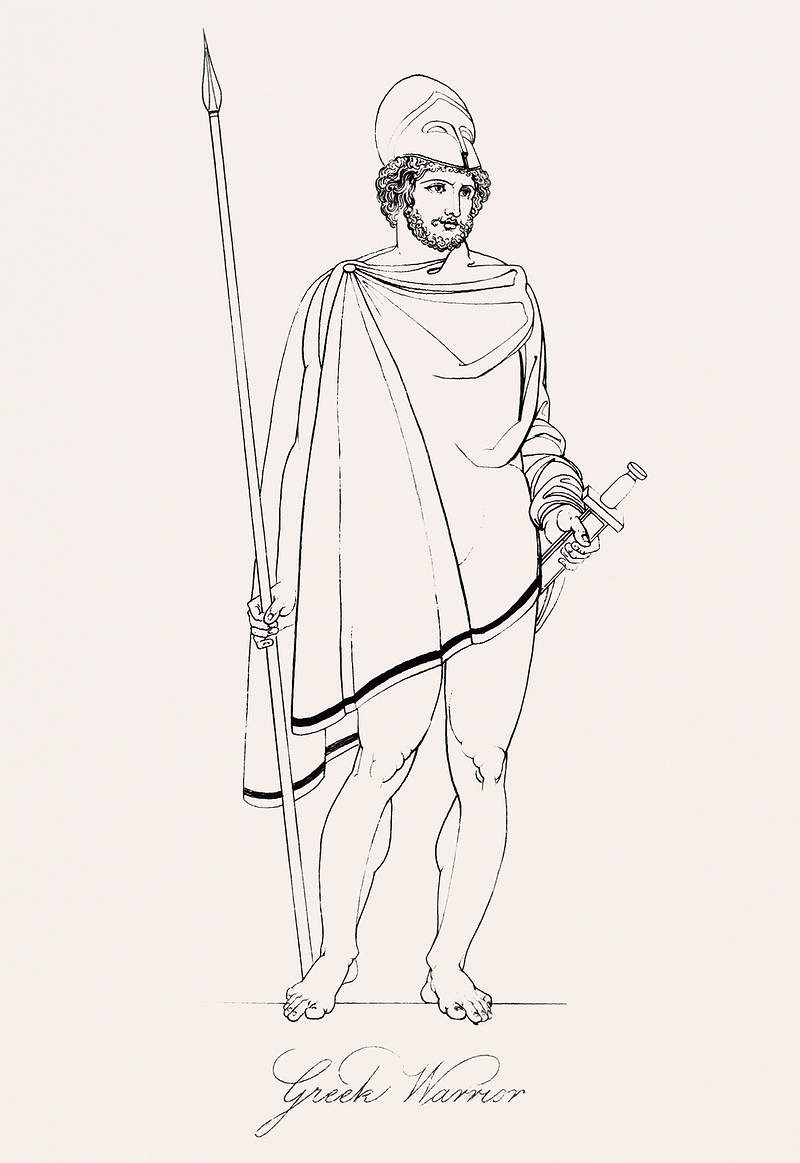 Greek warrior from An illustration of the Egyptian, Grecian and Roman costumes by Thomas Baxter (1782–1821).Digitally…