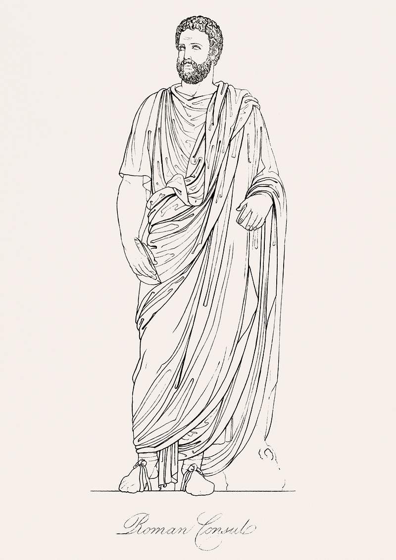 Roman consul from An illustration of the Egyptian, Grecian and Roman costumes by Thomas Baxter (1782–1821). Original…