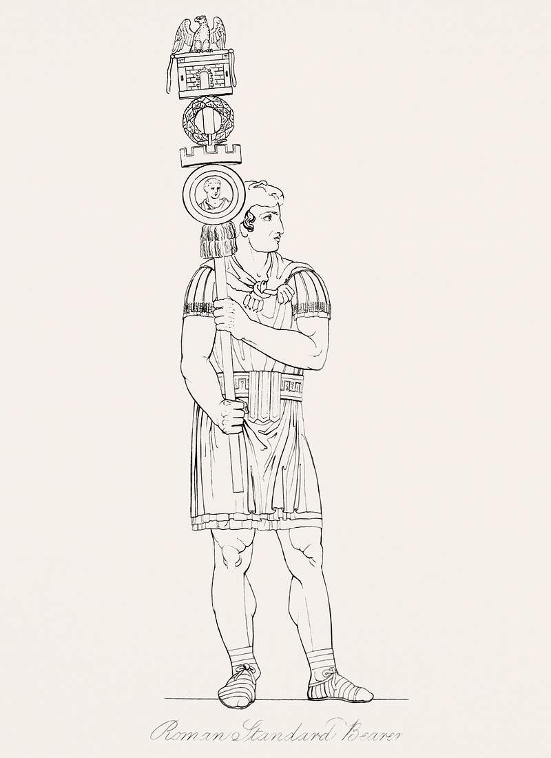 Roman standard bearer from An illustration of the Egyptian, Grecian and Roman costumes by Thomas Baxter (1782–1821).…