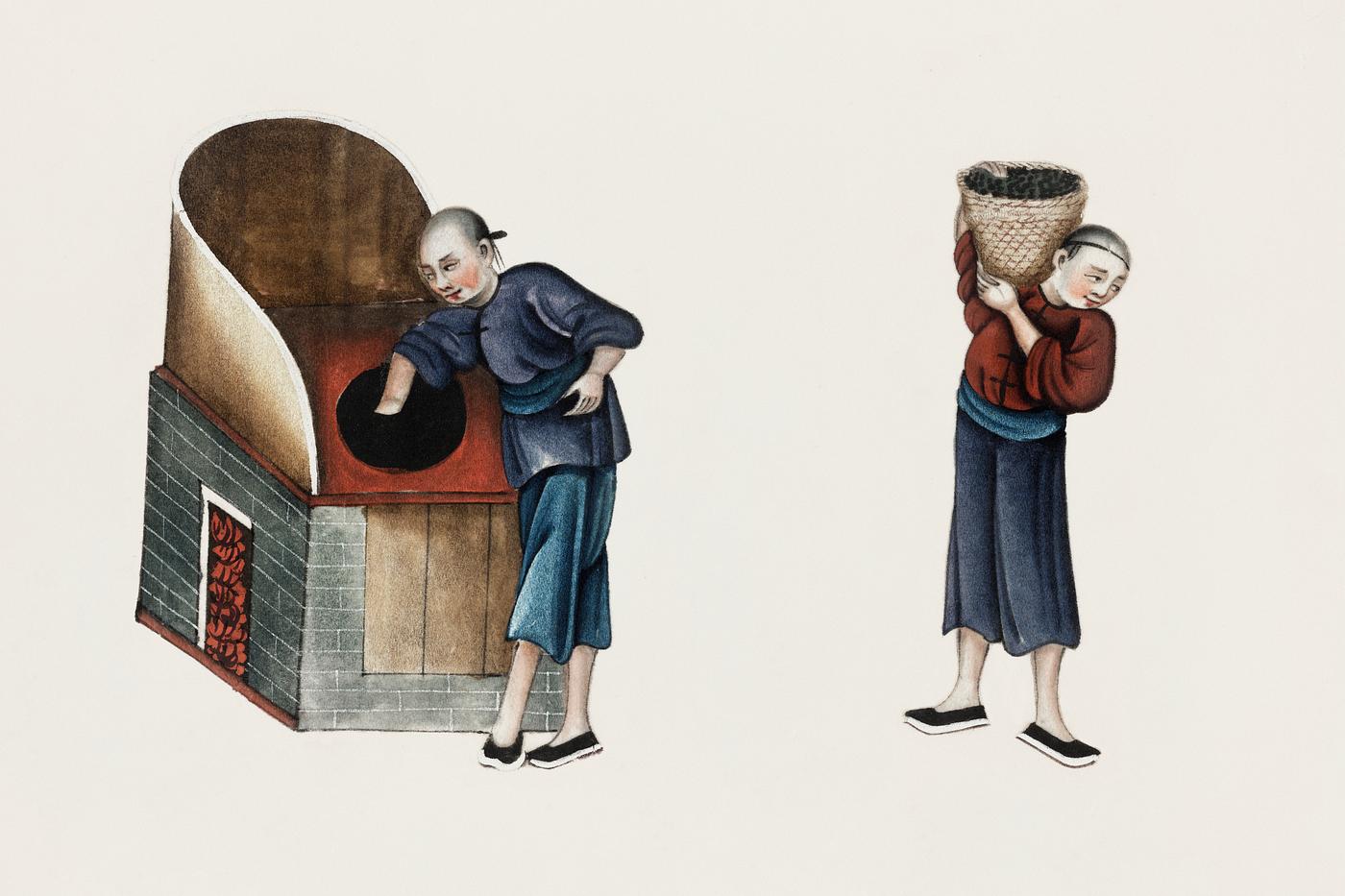 Chinese painting featuring one man drying in ovens, and the other man carrying packers (ca.1800–1899) from the Miriam... Chinese painting featuring one man drying in ovens, and the other man carrying packers (ca.1800–1899) from the Miriam...