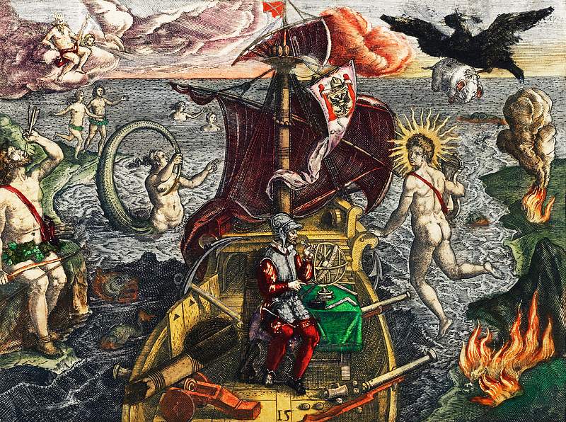 Battle between Francisco Poras and Columbus on Jamaica illustration from Grand voyages (1596) by Theodor de Bry (1528-1598).…