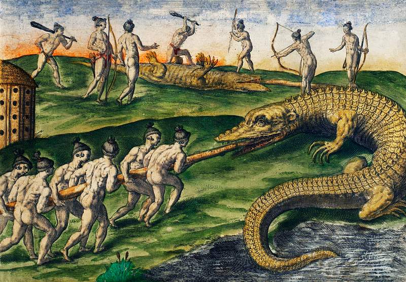 Deer hunting and Crocodile hunting illustration from Grand voyages (1596) by Theodor de Bry (1528-1598). Original from The…