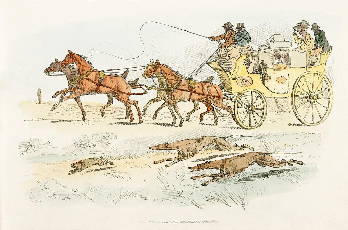 Illustration of people on a carriage watching… | Free public domain illustration Illustration of people on a carriage watching dogs chasing a rabbit from Sporting Sketches (1817-1818) by Henry Alken (1784…