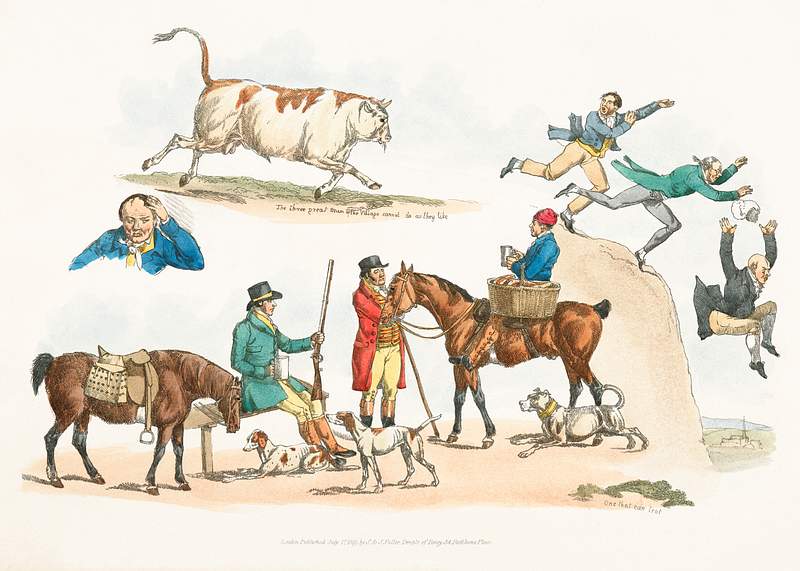 Illustration of the three great men of the village cannot do as they like from Sporting Sketches (1817-1818) by Henry Alken…