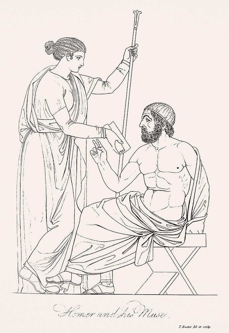 Homer & his muse from An illustration of the Egyptian, Grecian and Roman costumes by Thomas Baxter(1782–1821). Original…