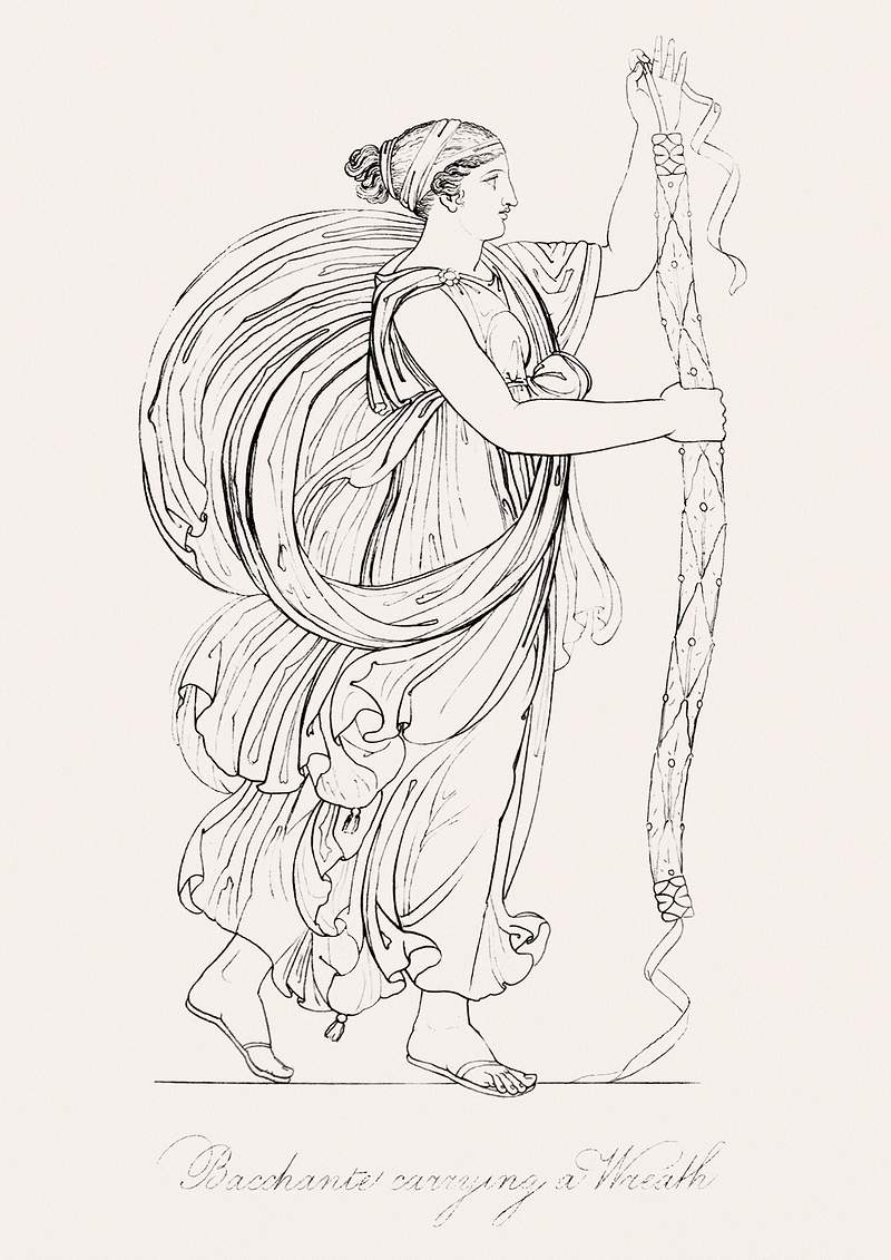 Bacchante carrying a wreath from An illustration of the Egyptian, Grecian and Roman costumes by Thomas Baxter…