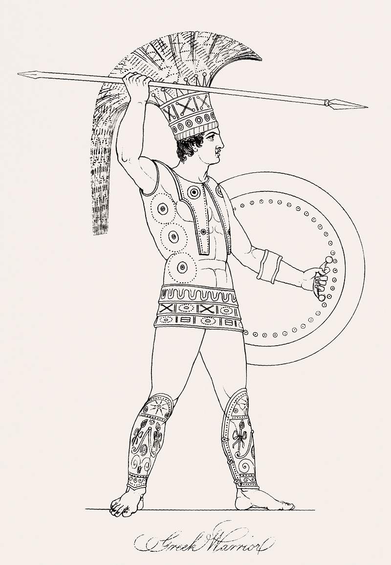 Greek warrior from An illustration of the Egyptian, Grecian and Roman costumes by Thomas Baxter (1782–1821). Original…
