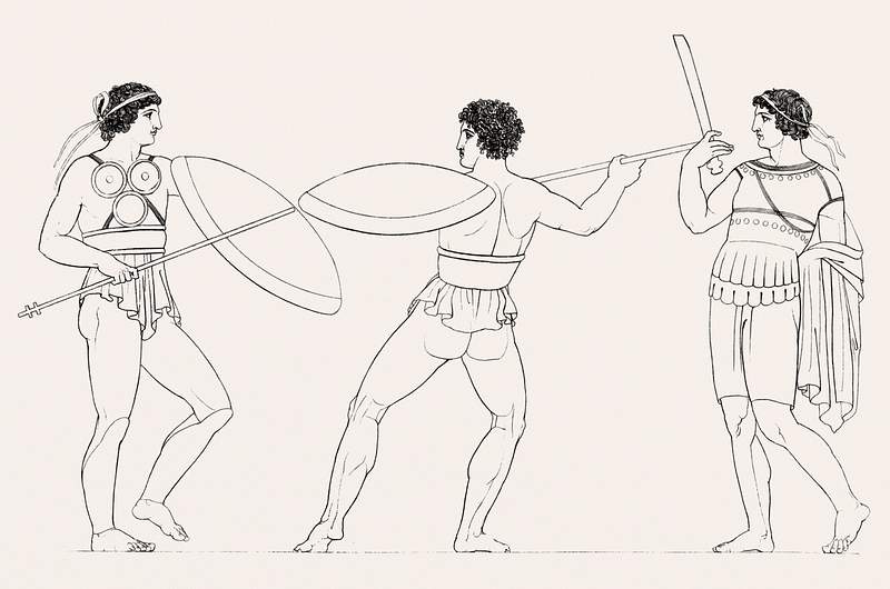 Pyrrhic dance from An illustration of the Egyptian, Grecian and Roman costumes by Thomas Baxter (1782–1821). Original…