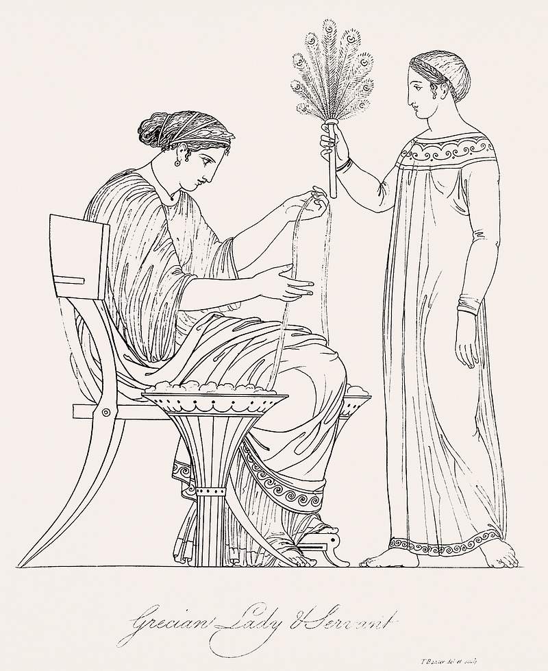 Grecian lady and servant from An illustration of the Egyptian, Grecian and Roman costumes by Thomas Baxter (1782–1821).…