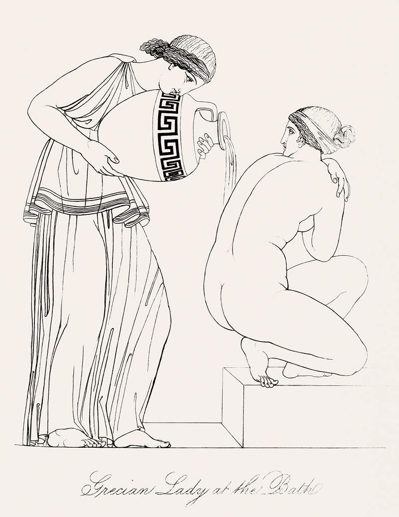 Grecian lady at the bath from An illustration of the Egyptian, Grecian and Roman costumes by Thomas Baxter (1782–1821).…
