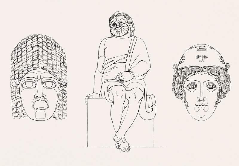 Comedian & masks from An illustration of the Egyptian, Grecian and Roman costumes by Thomas Baxter (1782–1821).…