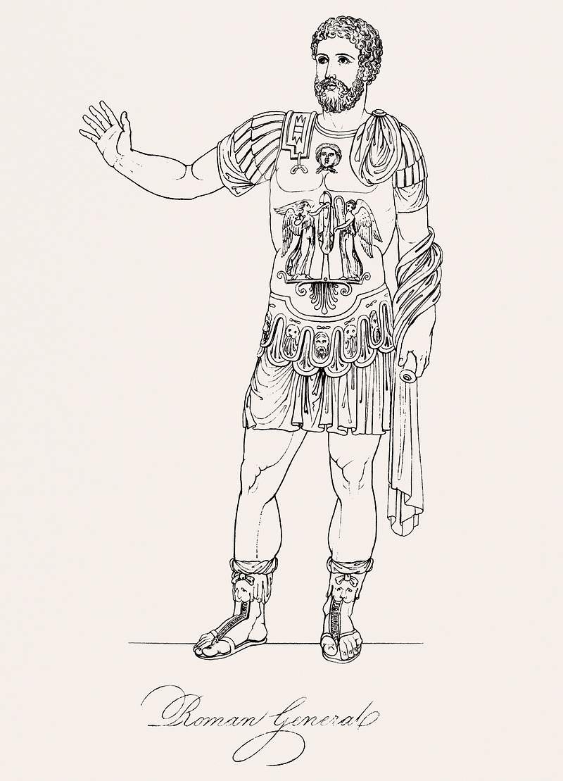 Roman general from An illustration of the Egyptian, Grecian and Roman costumes by Thomas Baxter (1782–1821). Original…