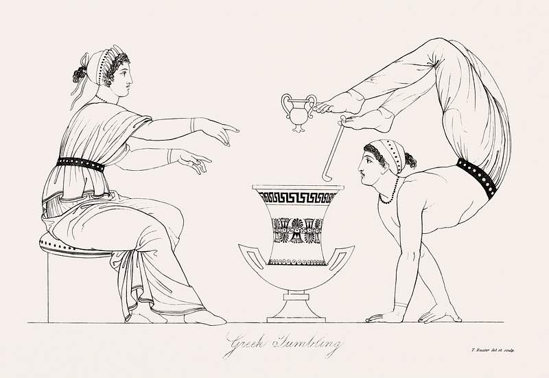 Greek tumbling from An illustration of the Egyptian, Grecian and Roman costumes by Thomas Baxter (1782–1821). Original…