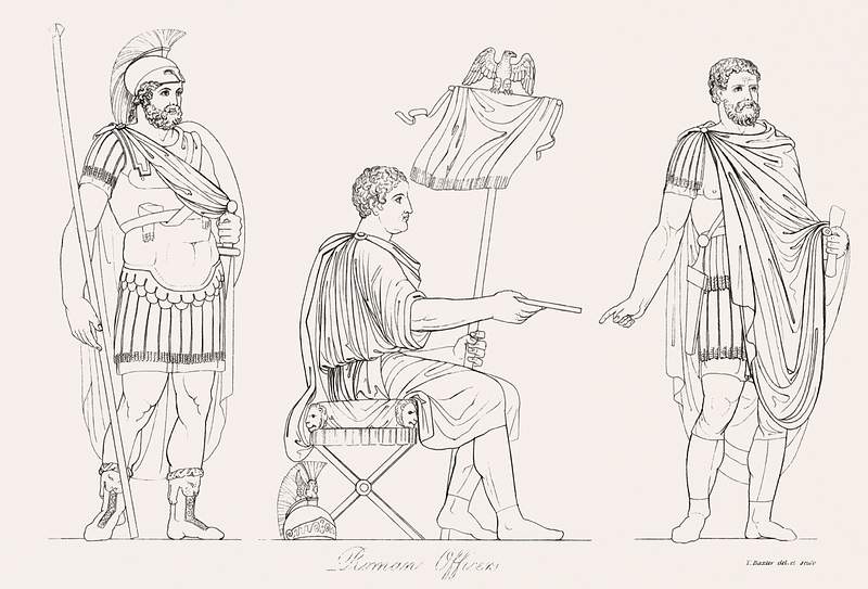 Roman officers from An illustration of the Egyptian, Grecian and Roman costumes by Thomas Baxter (1782–1821). Original…