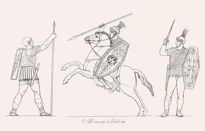 Roman soldiers from An illustration of the Egyptian, Grecian and Roman costumes by Thomas Baxter (1782–1821). Original…