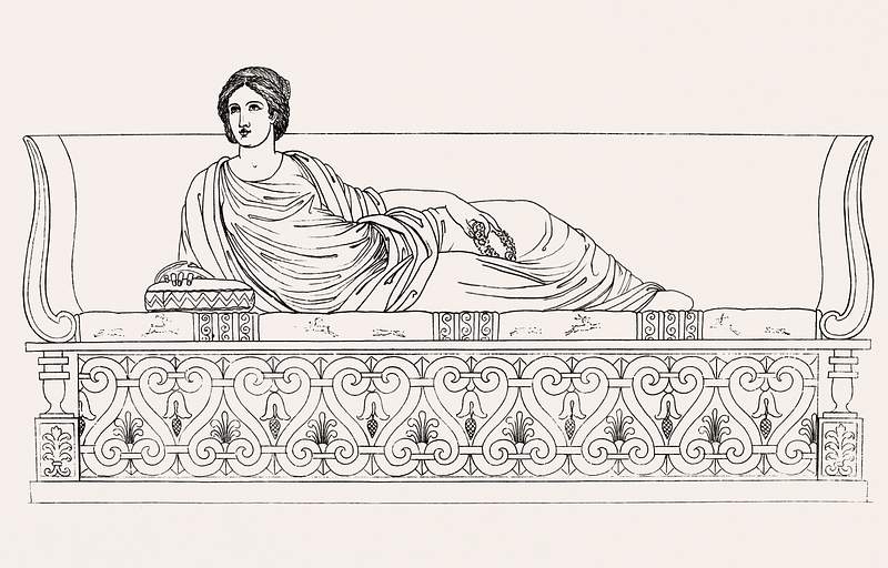 Roman lady on a couch from An illustration of the Egyptian, Grecian and Roman costumes by Thomas Baxter (1782–1821).…