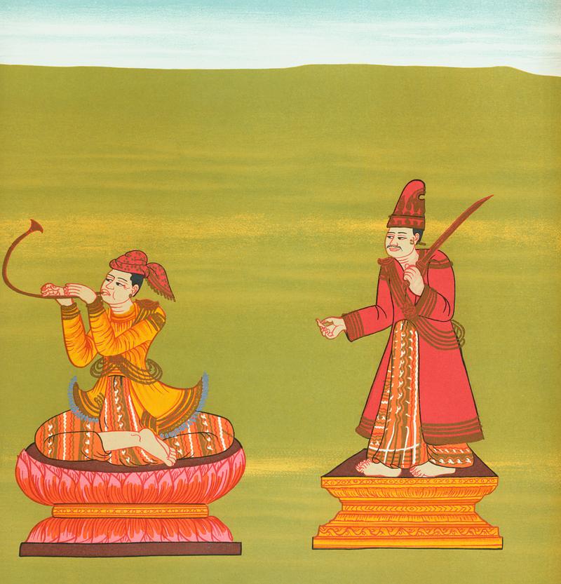 23. Crown Prince Minye Kyawswa (Maung Minbyú nat) and 24. Lord Grandfather of Mandalay (Mándalé Bódaw nat) from The thirty-seven nats : a phase of spirit worship prevailing in Burma (1906) by William Griggs (1832-1911). Original from The New York Public Library. Digitally enhanced by rawpixel. 23. Crown Prince Minye Kyawswa (Maung Minbyú nat) and 24. Lord Grandfather of Mandalay (Mándalé…