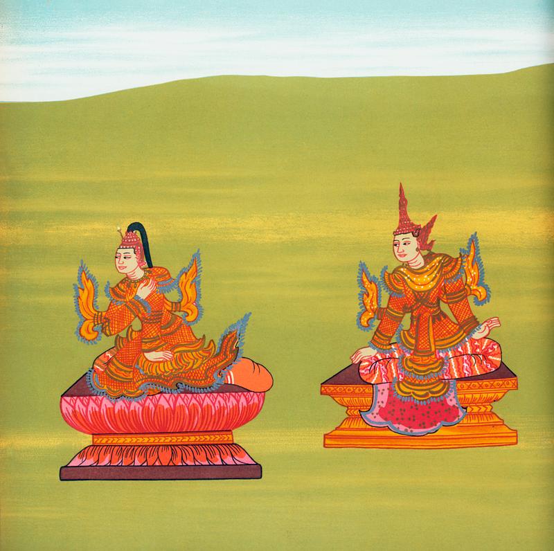 29. Royal Mother of Htibyuhsaung (Tíbyusaung Mèdaw nat) and 30. Usurper Mingaung of Pareinma (Bayìnmáshin Mingaung nat) from The thirty-seven nats : a phase of spirit worship prevailing in Burma (1906) by William Griggs (1832-1911). Original from The New York Public Library. Digitally enhanced by rawpixel. 29. Royal Mother of Htibyuhsaung (Tíbyusaung Mèdaw nat) and 30. Usurper Mingaung of Pareinma…