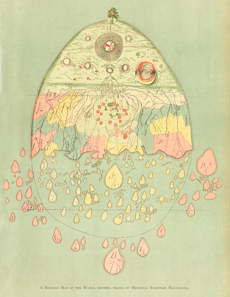 A Burmese map of the world, showing traces of Medieval European map-making from The thirty-seven nats : a phase of spirit worship prevailing in Burma (1906) by William Griggs (1832-1911). Original from The New York Public Library. Digitally enhanced by rawpixel. A Burmese map of the world, showing traces of Medieval European map-making from The thirty-seven nats : a phase of spirit…