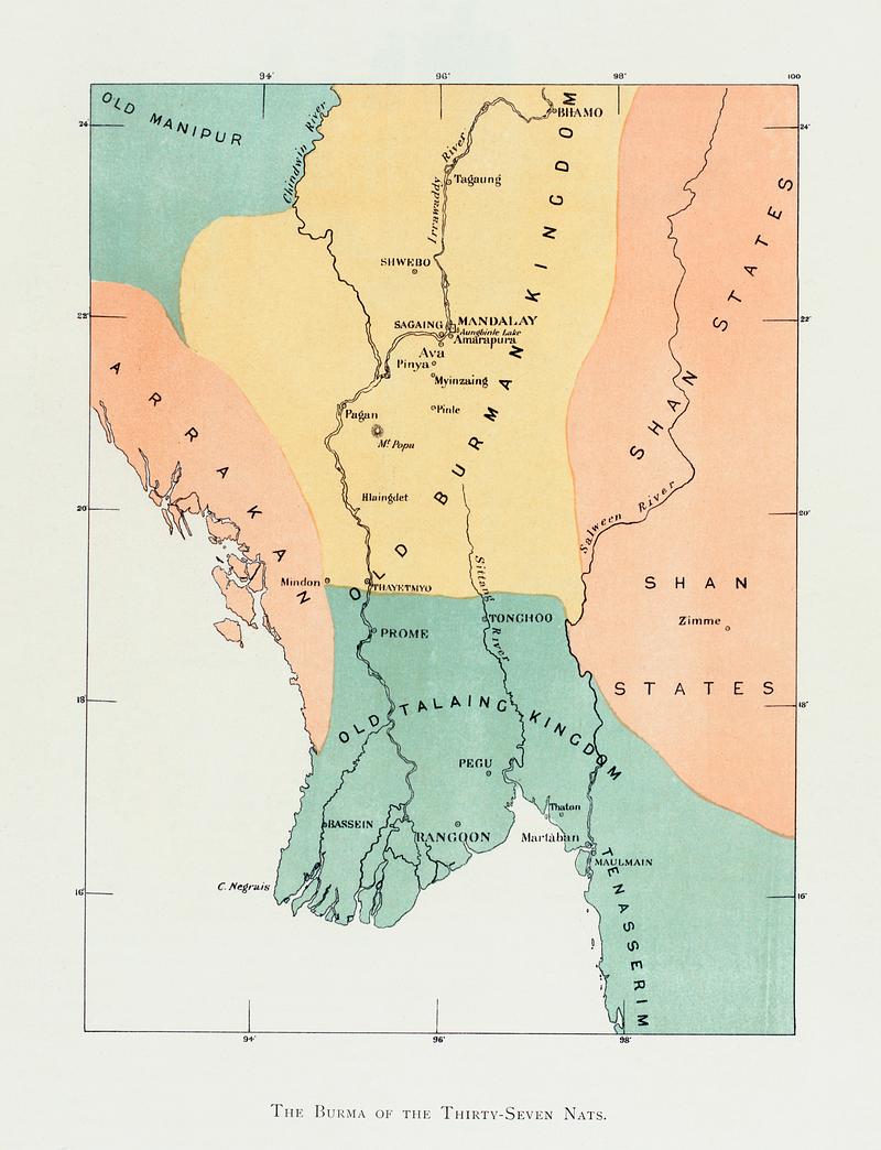 Map of the ond Burman kingdom and its neighbor from The thirty-seven nats : a phase of spirit worship prevailing in Burma (1906) by William Griggs (1832-1911). Original from The New York Public Library. Digitally enhanced by rawpixel. Map of the ond Burman kingdom and its neighbor from The thirty-seven nats : a phase of spirit worship prevailing in Burma…