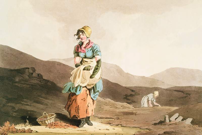 Illustration of the cranberry girl from The Costume of Yorkshire (1814) by George Walker (1781-1856). Original from The New…