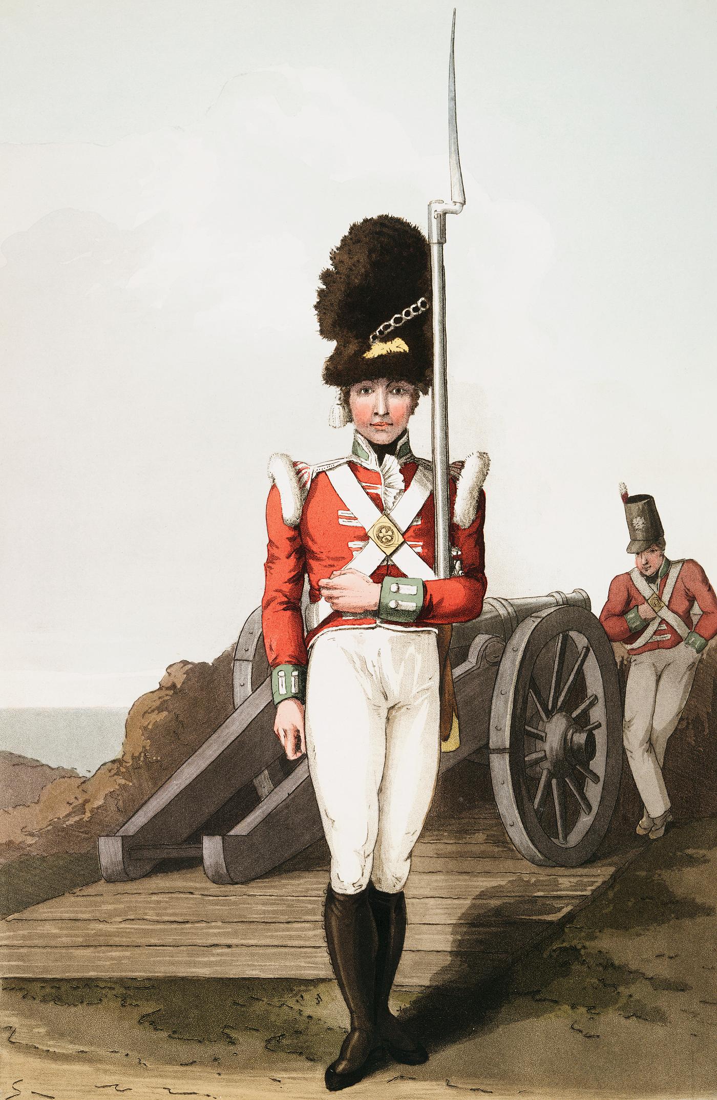 Illustration of grenadier or the first West York militia from The Costume of Yorkshire (1814) by George Walker (1781-1856).... Illustration of grenadier or the first West York militia from The Costume of Yorkshire (1814) by George Walker (1781-1856)....