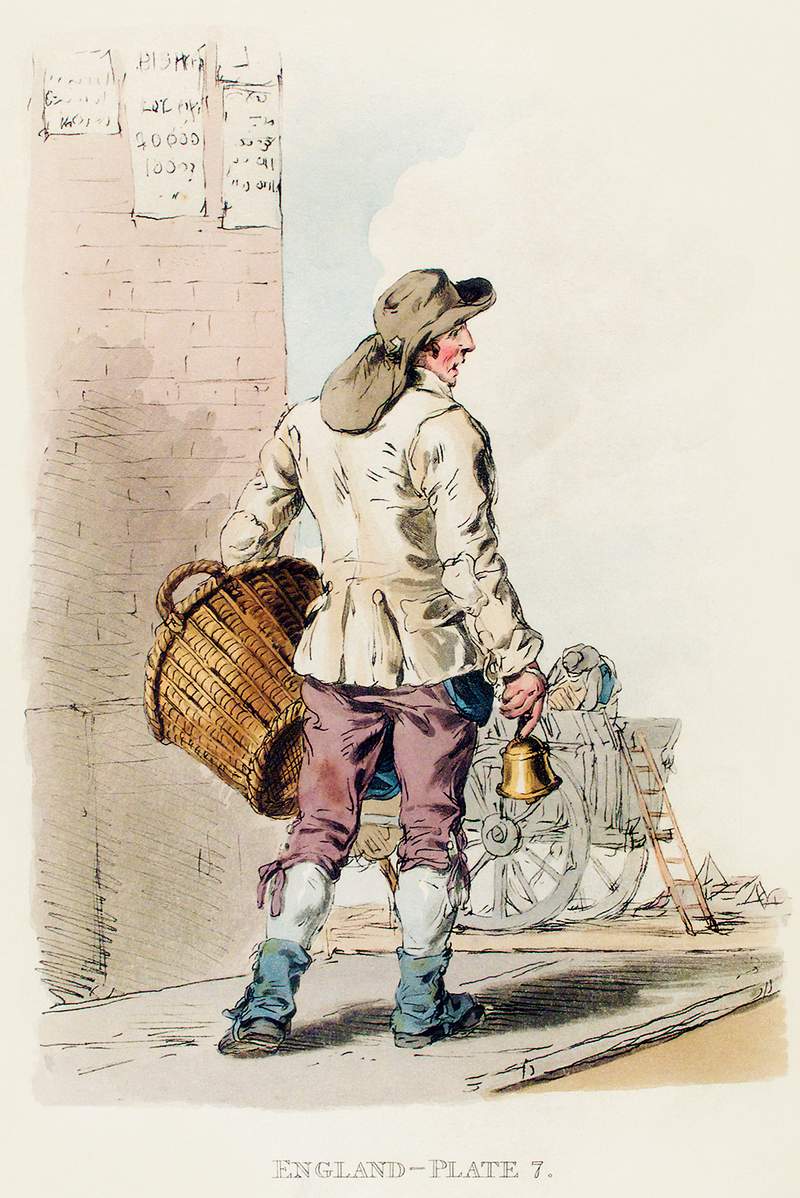 Illustration of a dustman from Picturesque Representations of the Dress and Manners of the English(1814) by William Alexander…