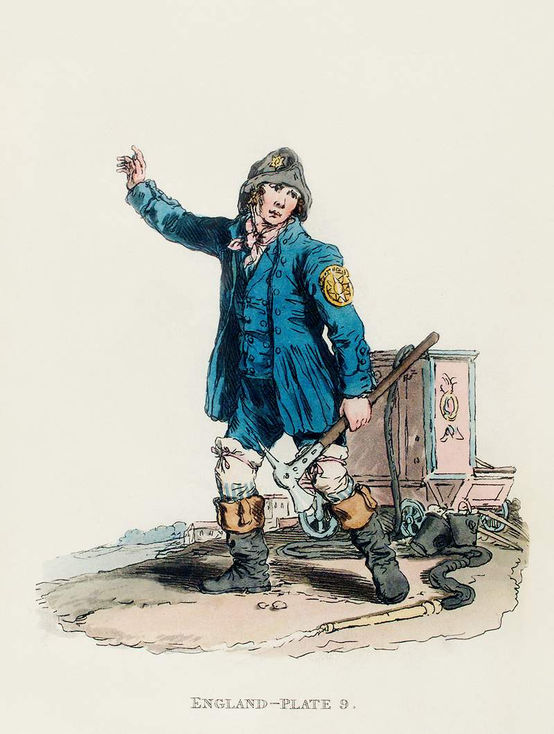 Illustration of a fireman from Picturesque Representations of the Dress and Manners of the English(1814) by William Alexander…