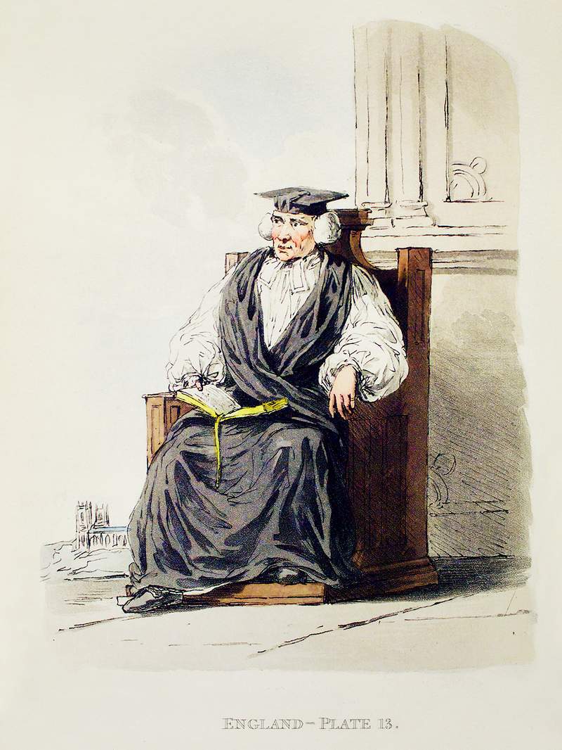 Illustration of a bishop from Picturesque Representations of the Dress and Manners of the English(1814) by William Alexander…
