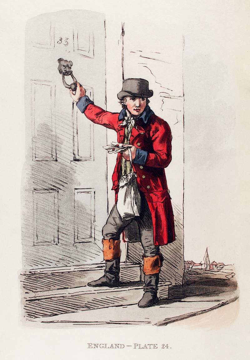 Illustration of postman from Picturesque Representations of the Dress and Manners of the English(1814) by William Alexander…