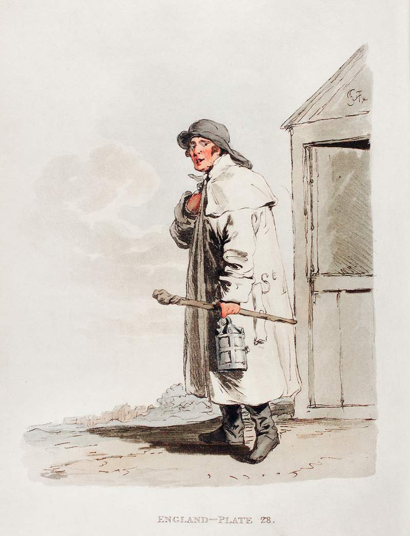Illustration of a watchman from Picturesque Representations of the Dress and Manners of the English(1814) by William…